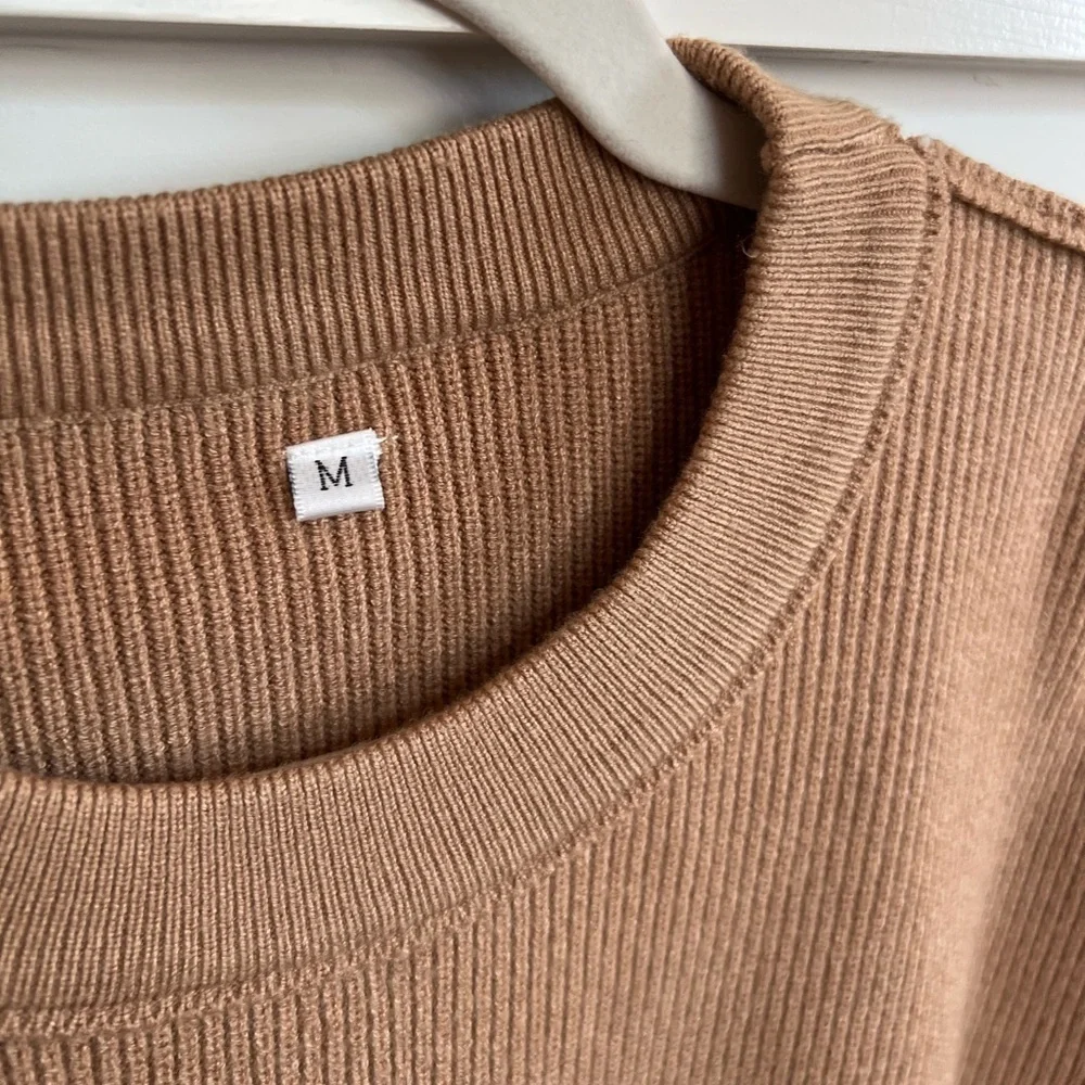 Brown/ Tan Crewneck Batwing Oversized Ribbed Pullover Sweater